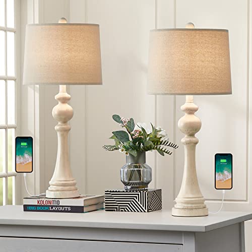 Weekly Top Sale OYEARS USB Table Lamp Set of 2 for Living Room Resin 27 3/4" H Retro Table Lamp for Bedroom Vintage Table Lamp Bedside Traditional Resin Table lamp Washed White