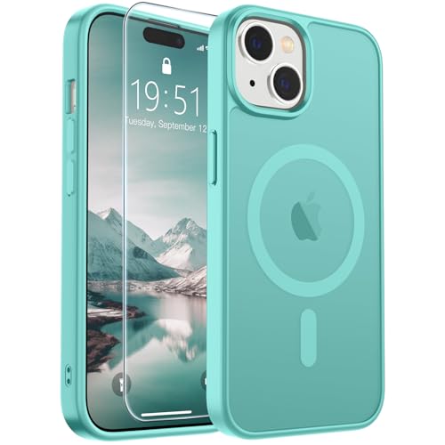 Image of SUPFINE Magnetic for iPhone 15 Case (Compatible with MagSafe) (Military Grade Drop Protection) Slim Translucent Matte Shockproof with Anti-Fingerprint Phone Case, Blue Green