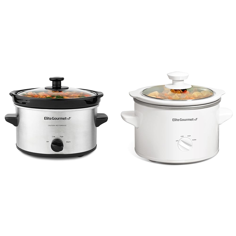 Elite Gourmet MST-275XS Electric Oval Slow Cooker, Adjustable Temp, Entrees, Sauces, Stews & Dips & MST-250XW Electric Slow Cooker Ceramic Pot Adjustable Temp, Entrees, Sauces
