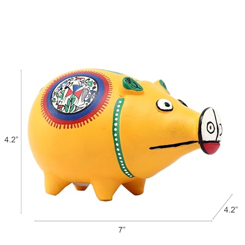 Image of Aakriti Art Creations Musturd Max Piggy Bank | Coin Bank Birthday for Boys and Girls | Hand Painted with Warli Art in Yellow Fabric Shade | Artistic Style Piggy Bank | Handcrafted Coin Bank
