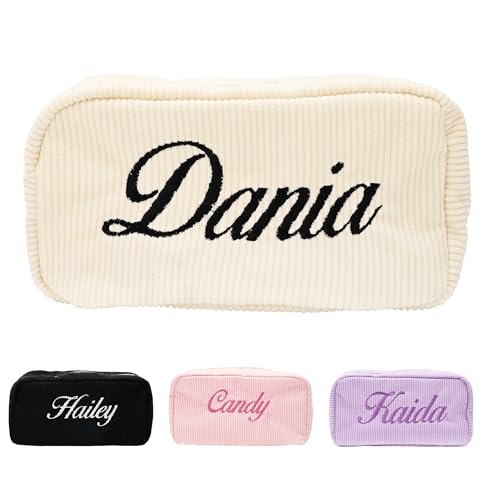 BUGMKCS Bolsa de maquiagem bordada personalizada com nome, presente personalizável para mulheres, estojo de lápis preppy/bolsa organizadora de maquiagem para meninas, itens essenciais de viagem, itens