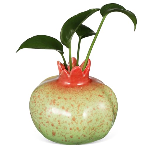 Didiseaon Pomegranate Vase, Realistic Red Vase Ceramic Fruit Planter with Internal Water Culture Compartment for Home Office Bookshelf Pomegranate Decor，Aesthetic Bud Centerpieces 4.13x3.54in