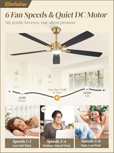 Image of Fanbulous 60 Inch Black and Gold Ceiling Fans with Lights and Remote, Stepless Color Temperature Change & Dimmable 20W LED Ceiling Fan, 6 Speeds Reversible Quiet DC Motor for Bedroom, Living Room
