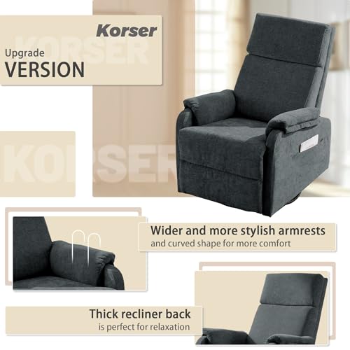 Image of Korser Recliner Chair, Swivel Rocking Recliner Chair for Adults, Glider Rocking Chair, Small Nursery Chair Recliner for Living Room, Reclining Chair with Modern-Designed Armrests,Chenille,Darkgrey