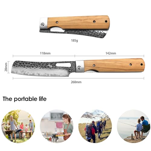 SENBON Forged 440A Super Sharp Pocket Folding Chef Knife Peeling Practical Knife Fruit Knife Natural Olive Handle Camping Barbecue Outdoor Portable Kitchen Knife