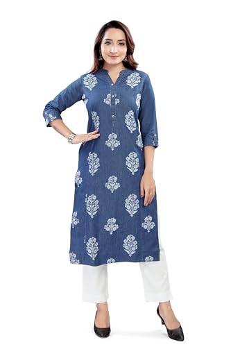 Image of Aprika Printed Straight Denim Kurta for Women Blue Color