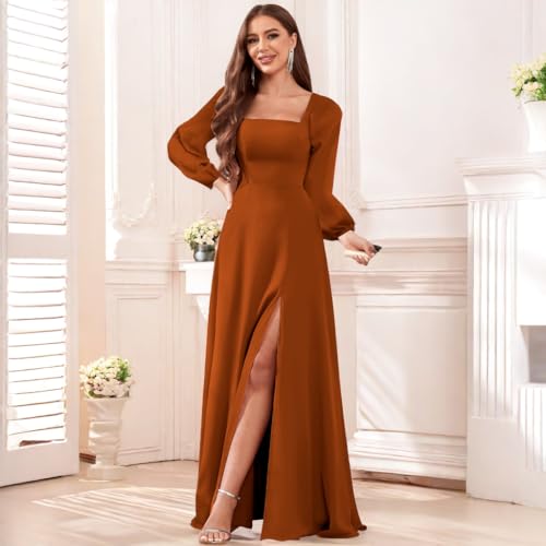 Women's Long Sleeve Bridesmaid Dresses with Slit A Line Square Neck Chiffon Formal Dress for Wedding4