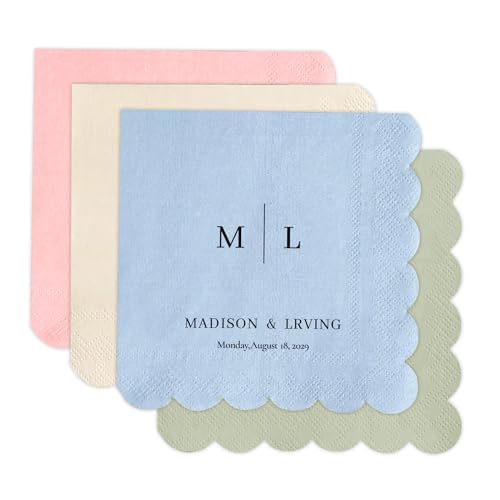 100 Pcs Custom Cocktail Napkins - Personalized Scalloped Napkin for Weddings with Name&Date - 4.8x4.8 Customized Sage Green Blue Pink Napkins for Wedding Engagement Party Bridal Showers Anniversary