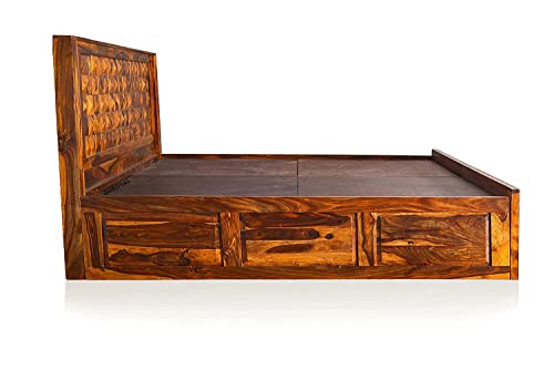 Image of Sheesham Wood Queen Size Bed with Front Opening Box Storage for Bedroom Living Room Home Hotel Wooden Double Bed Cot Palang Furniture (Honey Finish) - 1 Year Warranty