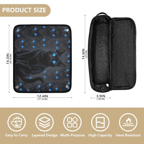 Estuche de viaje 2 en 1 para plancha rizadora con almohadilla resistente al calor y espacio para plancha alisadora y secador de cabello, negro con ojos de gato azul miniatura 4