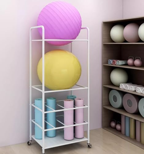Gold Yoga Mat Storage Holder with Wheels, Exercise Ball Organizer & Workout Equipment Storage, Yoga Ball Holder for Home Gym, Fitness Accessories, Space-Saving Solution