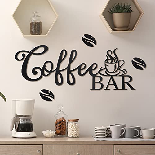 Image of Coffee Bar Sign - Rustic Metal Hanging Decor for Home Office Kitchen (Coffee Bar and Bean Style)