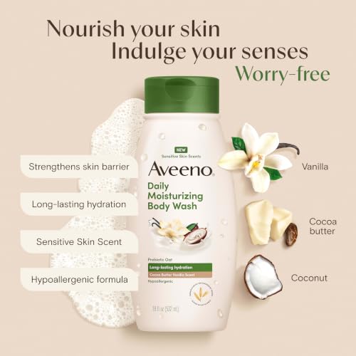 Image of Aveeno Daily Moisturizing Body Wash with A Cocoa Butter Vanilla Scent & Soothing Prebiotic Oat, Provides Long-Lasting Hydration for Sensitive Skin, Hypoallergenic, Paraben-Free, 18 fl. oz