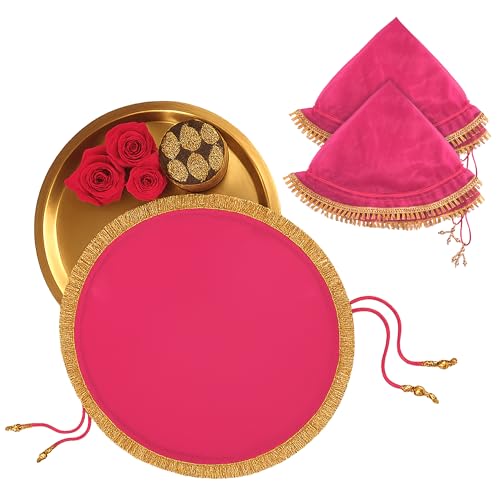 Image of Kuber Industries 3 Pcs Organza Double Layer 2 in 1 Shagun Pooja Thalposh Cover Cloth Potli | Wedding Gift Packaging Sagun Potli | Traditional Potli Bag & Thali Cover with Drawstring | Rani