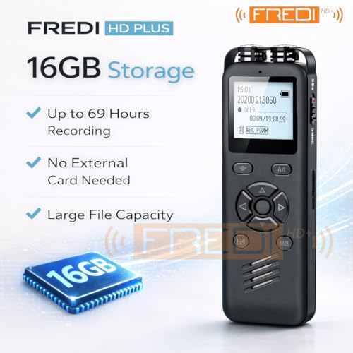 Image of FREDI HD PLUS Voice Recorder 16GB Digital Voice Recorder with LCD Display, 512kbps Clear Audio, Portable Audio Recording Device for Lectures, Meetings, Interviews, Students, Office Use, MP3 Player