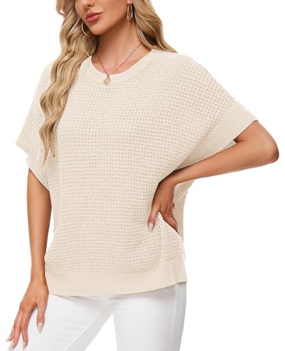 Image of MINTLIMIT Womens Batwing Short Sleeve Sweaters Loose Oversized Waffle Knit Pullover Sweater Top