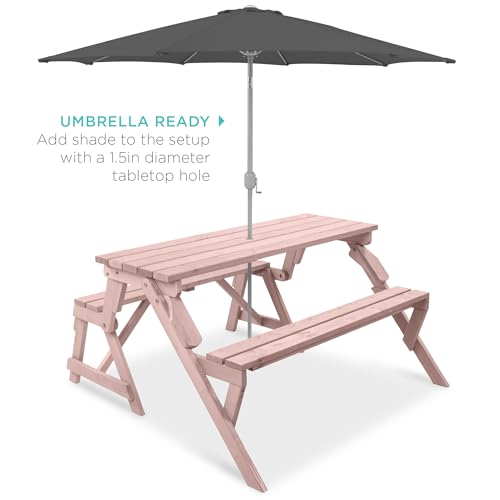 Image of Best Choice Products 2-in-1 Transforming Interchangeable Outdoor Wooden Picnic Table Garden Bench for Backyard, Porch, Patio, Deck w /Umbrella Hole - Pink
