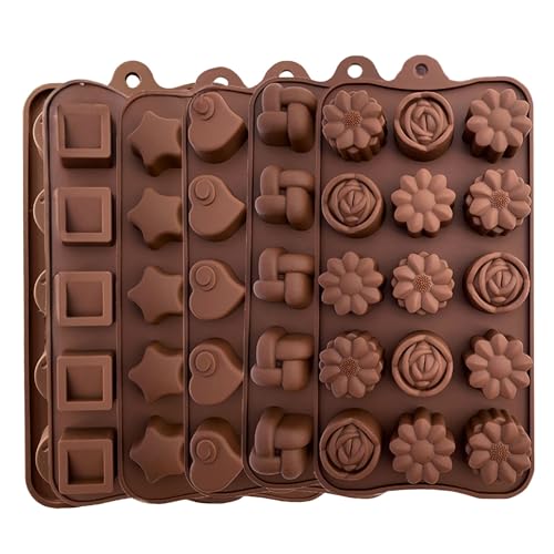 KITCHENATICS Nonstick BPA-free Silicone Molds for Gummy Candy, Fruit Snacks, Chocolates, Small Silicone Molds for Candy, Jello, Flowers, Stars, Hearts Cute Designs- Fun for Kids & Adults 6 Pack, Brown