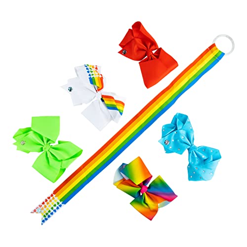 Jojo Siwa Hair Bows - 6 Pcs - Colorful Bows - For Girls - Alligator Hair Clips Bow - Hair Accessories for Girls - 5 Assorted Jojo Siwa Signature Bows With Rhinestones - 1 Jojo Rainbow Bow holder