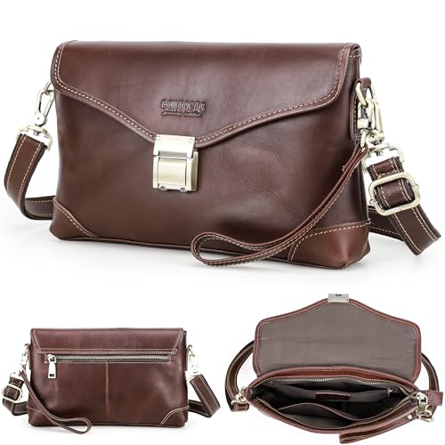 Image of Top Grain Genuine Leather Clutch Wallet for Man & Woman, Handmade Retro Design, Combination Lock & Adjustable Shoulder Strap & Wristlet, Portable Handbag for Cards /Checks /Phone /Banknote, Dark Coffee