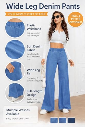 Image of ADBUCKS Women's Stretch Denim Wide Leg Jeans Comfort Fit with Elastic Waistband, Straight Cut, Casual Style for All Seasons, Versatile Clothing