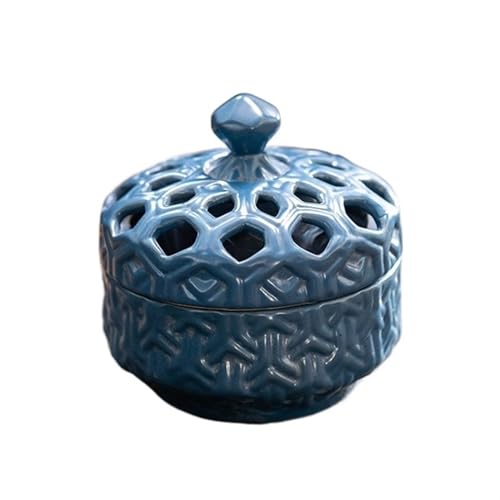 HAJHI Pot à Ail Fait à la Main Ajouré Céramique Pot à Oignons Respirant Fraîcheur 2.8in Pot de Conservation D'ail Comptoir Cuisine Rétro Décoration(Bleu)