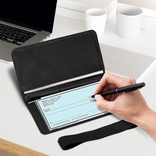 LLi Cufite Italian Calfskin Genuine Leather Checkbook Cover Deluxe Minimalist with Plastic Insert Flap Pen Loop & Strap for Men Women