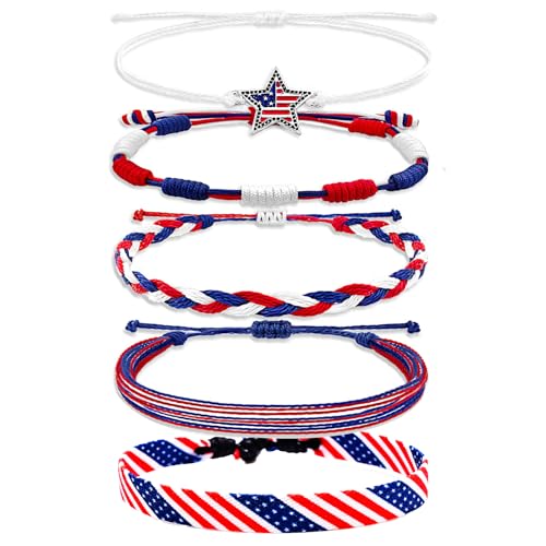 5pcs USA Bracelets Red White and Blue String 4th of July Patriotic Adjustable American Flag Woven Friendship Independence Day Jewelry-star