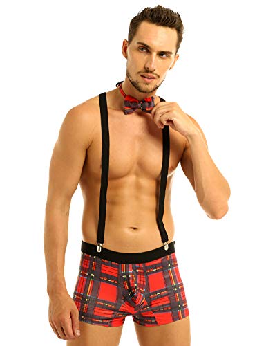 YEAHDOR Men's Sexy Plaid Schoolboy Lingerie Set Boxer Shorts with Y Back Suspender Bowtie - Image 4