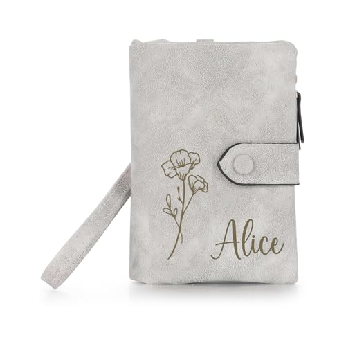 Custom Elegant Women's RFID Leather Wallet with Photo Insert，Card Slots, ID Window & Zipper Coin Purse – Stylish Bifold Design for Everyday Use, Mother's Day Gift for Her (Grey)