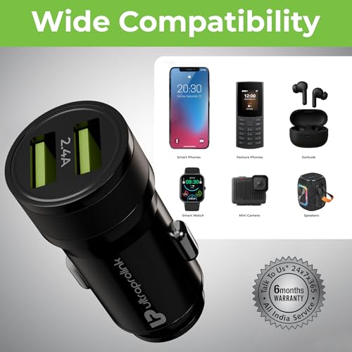 Image of UltraProlink 12W-2.4A Fast Car Charger with Dual USB Ports|Made in India | with USB A-Type C Cable 1m | Mach12 | UM1239 (Black)