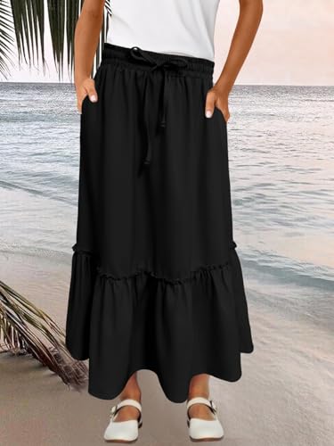 Image of Girls High Waisted Ruffle Maxi Skirt Soft Cotton Long Skirts with Elastic Waistband for Kid Girl 3-12 Years