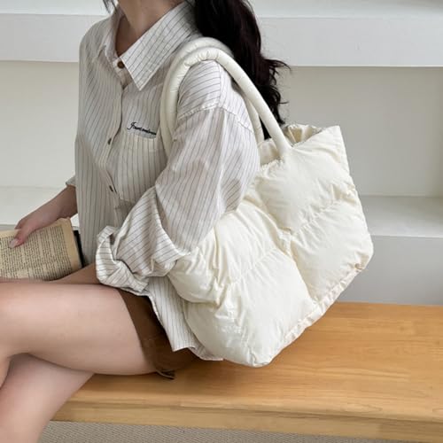 Puffer Shoulder Bag Women's Chic Quilted Puffy Tote Lightweight Winter-Ready Down Padded & Large Capacity Handbag (Off White)2