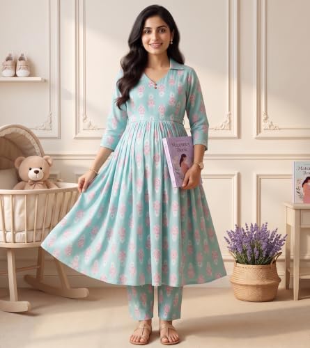 Image of DUMMY SHAPE Maternity Dresses for Women Cotton | Floral Kurta Pant Dupatta Set with Nursing Zippers, Side Pocket | Pre & Post Pregnancy | Feeding Kurti Suit | Baby Shower | Gifts for Pregnant Woman