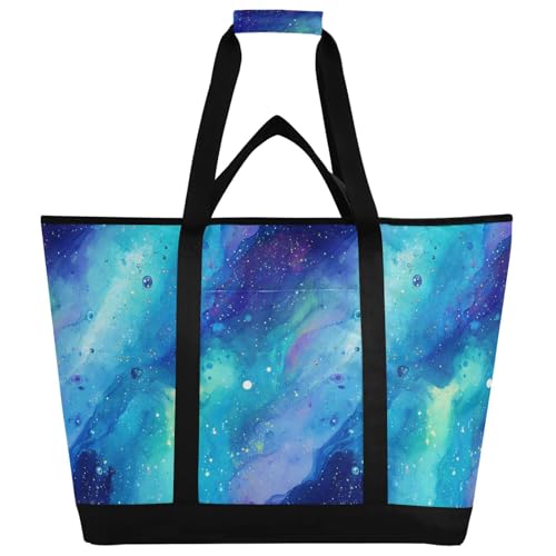 Insulated Cooler Tote Bag Hot or Cold Carrier Beach Tote Bag with Cooler Compartment for Beach Travel Picnics Purple Blue Galaxy Starry Waves