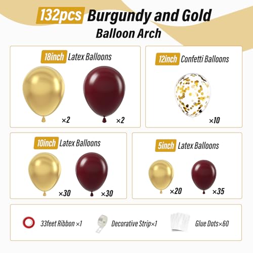 Burgundy Balloon Arch Garland Kit with Burgundy Maroon Gold Confetti Balloons for Birthday Graduation Bridal Shower Party Decorations - Thumbnail 2