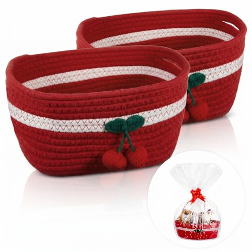 Image of Honeydak 2 Pcs Cherry Basket with Handles Easter Gift Red Decorative Cotton Rope Woven Basket with Gift Bag Ribbon Cute Oval Organizer Cherry Bathroom Decor for Nursery Pet Closet Shelf, 12 inchx 8 inchx 5 inch