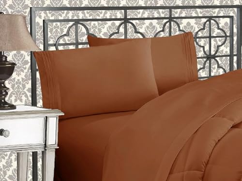 Elegant Comfort Luxurious 1500 Premium Hotel Quality Microfiber Three Line Embroidered Softest 5-Piece Bed Sheet Set, Wrinkle and Fade Resistant, Split King, Bronze