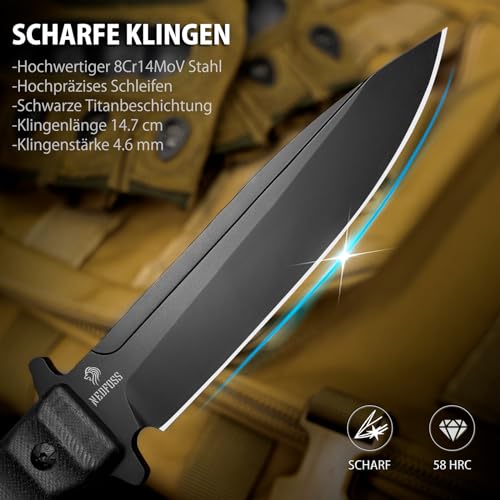 Foto von NedFoss BLACK PHOENIX Outdoor Messer feststehend, 28cm Full Tang Survival- mit G10 Griff, Jagdmesser mit Holster, Scharfe Camping- als Bushcraft, Gürtelmesser, Fahrtenmesser