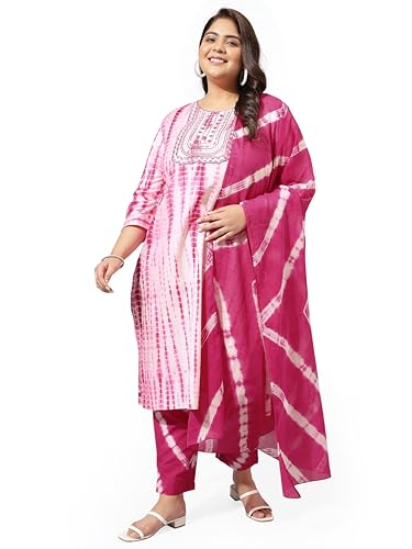 Image of MIRCHI FASHION Pure Cotton Plus Size Straight Kurta Set with Dupatta | 3 Piece Summer Ethnic Kurta Pant Set | Office Wear Salwar Suit for Women
