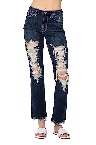 Judy Blue Women's Mid-Rise Heavy Destroy Straight Leg Jeans
