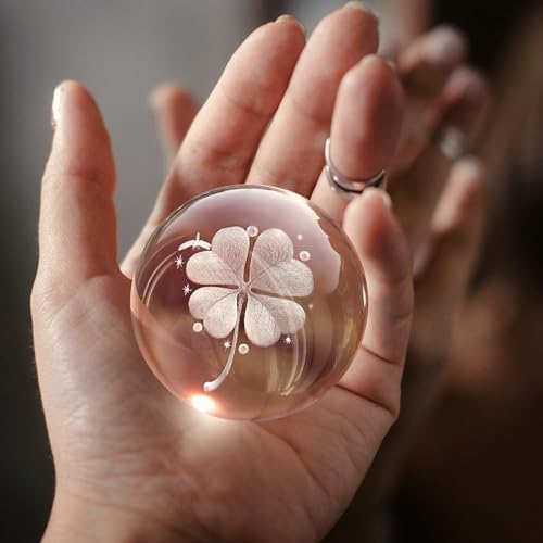 Flexzion 3D_CRST_60MM_CLV 3D Clover Crystal Ball Night Light - Led Light Hologram Glass Lamp With Solid Wood Base thumb #3