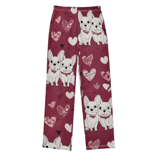 Bulldog Love Hearts Boys Long Pants Soft Trousers Elastic Waist Kids Lounge Bottoms with Pockets S-XL