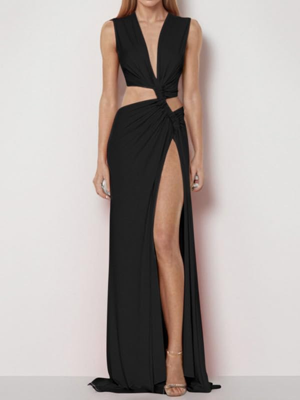 Vestiti da Donna Sexy Vestito con Scollo a V Senza Manica Maxi Abiti Casual Tinta Unita Abito da Spiaggia con Alto Slitt Crisscross Dress