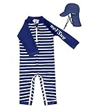 weVSwe Traje De Baño para Bebé UPF 50+ Protección UV Niño Rash Guard Manga Larga con Sombrero Rayas Azul Marino 6-12 Meses