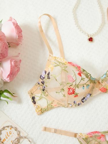 Image of Lilosy Sexy Floral Embroidered Mesh Sheer Underwire Lingerie Set