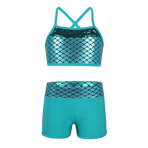 YEAHDOR Big Girls' 2 Pieces Gymnastics Dancing Outfits Crop Bra Top with Shorts Set Athletic Sports Actviewear Lake Blue Mermaid Scales 3-4 Years