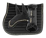 Equinavia Arendal Matching English Riding Horse Set | All Purpose Saddle Pad, Brushing Boots, and Ear Bonnet - Black/Gold - Horse