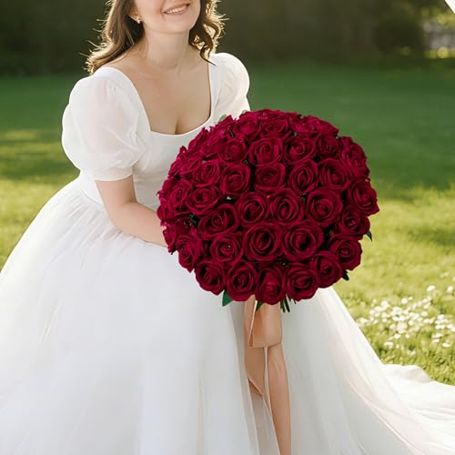 Image of INSPRING 50 PCS Burgundy Roses Artificial Flowers with Long Stems | Real Looking, Fake Roses, Silk Flowers, DIY Bouquet, Wedding Party Celebration Home Bridal Decoration Gift, for Her Wife