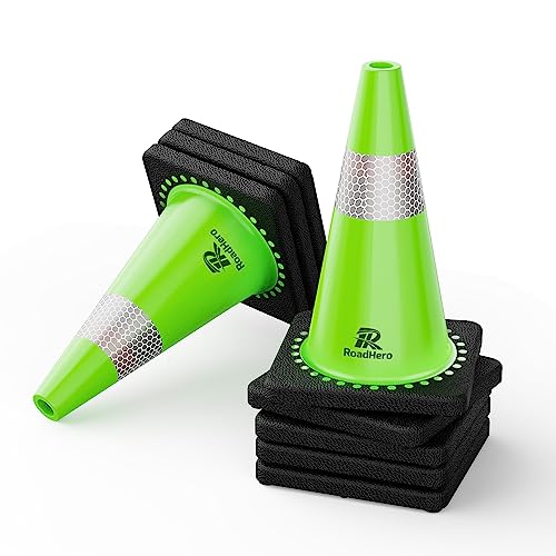 RoadHero 8 Pack Traffic Safety Cones 18 Inch with Black Weighted Base, Plastic PVC Lime Green Cone with Reflective Collar, Cones for Parking Lot, Construction Events, Road Safety